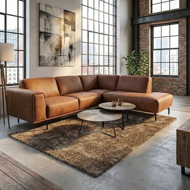 1. Elegante leren hoekbank in warm bruin met modern design, ideaal voor een stijlvolle woonkamer.