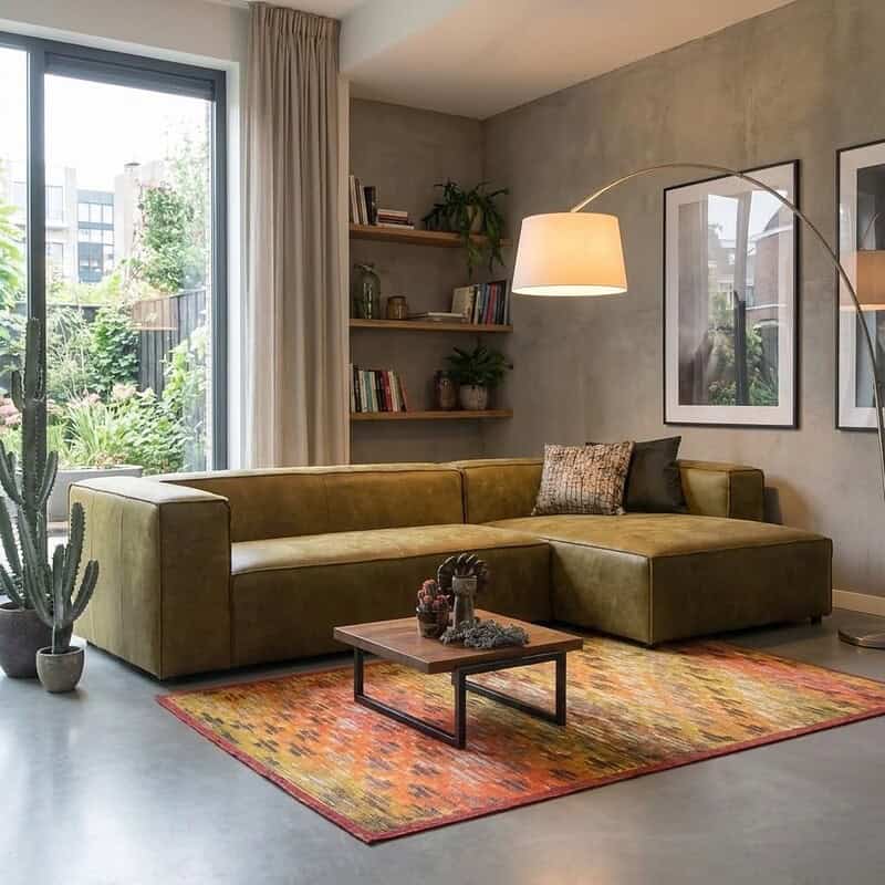 Luxe groene modules bank in modern interieur met bijzettafel en kleurrijk tapijt, grote raampartijen en botanische decoratie voor een stijlvolle woonkamer.