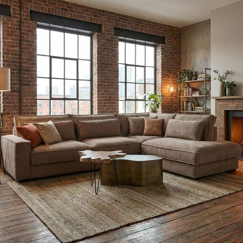 Ubeige stoffen hoekbank in loft stijl met grote ramen en industriële bakstenen muur, gecombineerd met houten details en groene planten voor een warme en stijlvolle woonkamer.