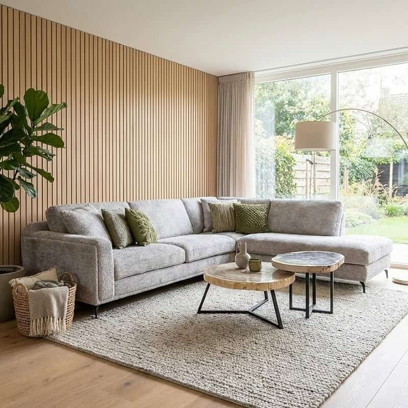 Elegante moderne woonkamer met strakke, lichtgrijze L-vormige bank en natuurstenen salontafels, grote raampartijen en natuurlijke houten wand, perfecte combinatie van comfort en stijl.