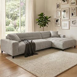 Zweefbank bank in grijze ribstof, modern stijl, comfortabel bankstel met chaise longue, perfect voor woonkamer, handgemaakt Mokana Meubelen.