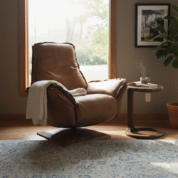 Relaxfauteuil Maranello van Chill Line in leder met houten vierkante draaibare poot.