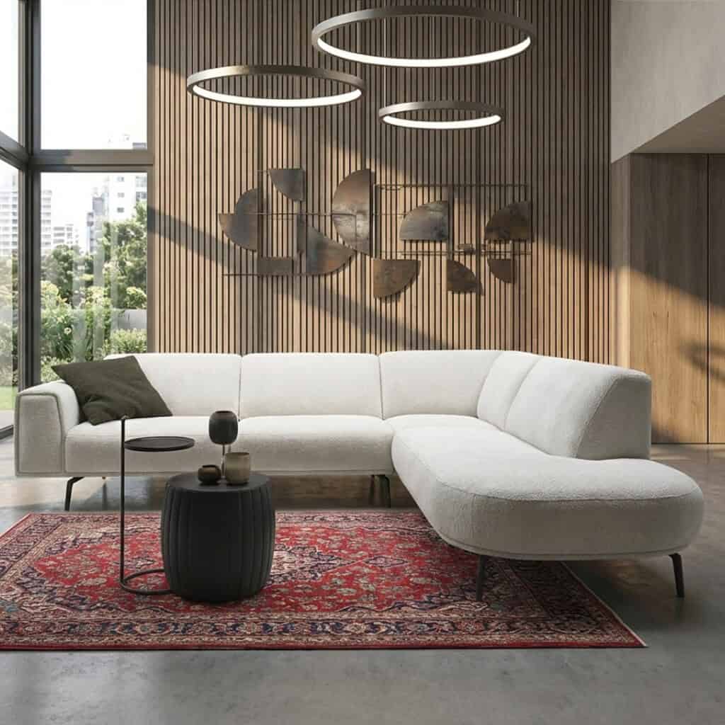 Luxe op maat gemaakte livingruimte met moderne Mokana meubelen, elegant design en natuurlijke houtaccenten, perfect voor stijlvolle interieurs.