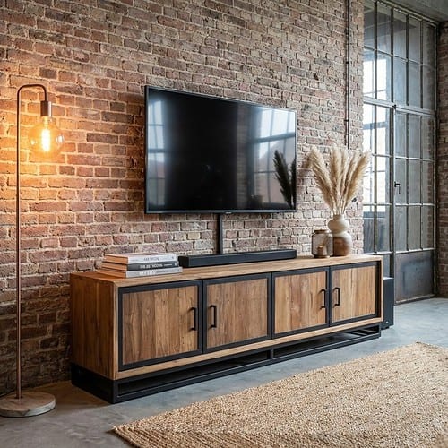 Hoogwaardige houten tv-meubel met zwart metalen frame, industrieel design, perfect voor moderne en landelijke interieurs.