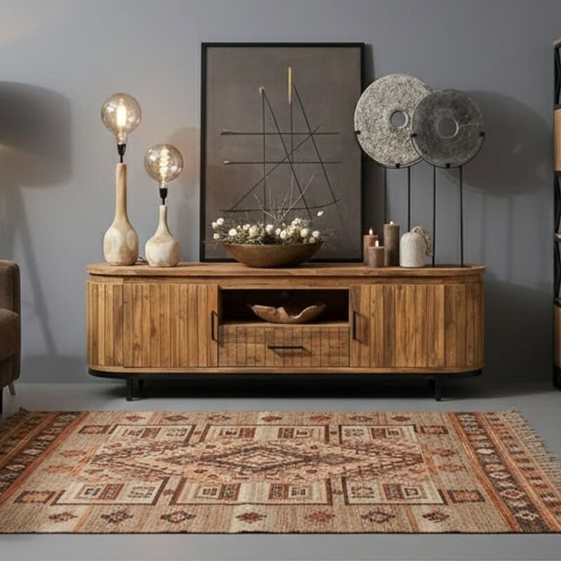 Elegante houten dressoir met vintage decoraties en sierlampen, perfect voor een warme en moderne woonkamer. Op zoek naar stijlvolle meubelen en accessoires? Ontdek Mokana Meubelen voor unieke interieurstukken.