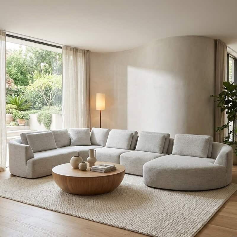 Lichtgrijze moderne L-vormige woonkamerbank met bijpassende vloerkleed, natuurlijke houten salontafel en grote ramen met uitzicht op de tuin, passend bij Mokana Meubelen.