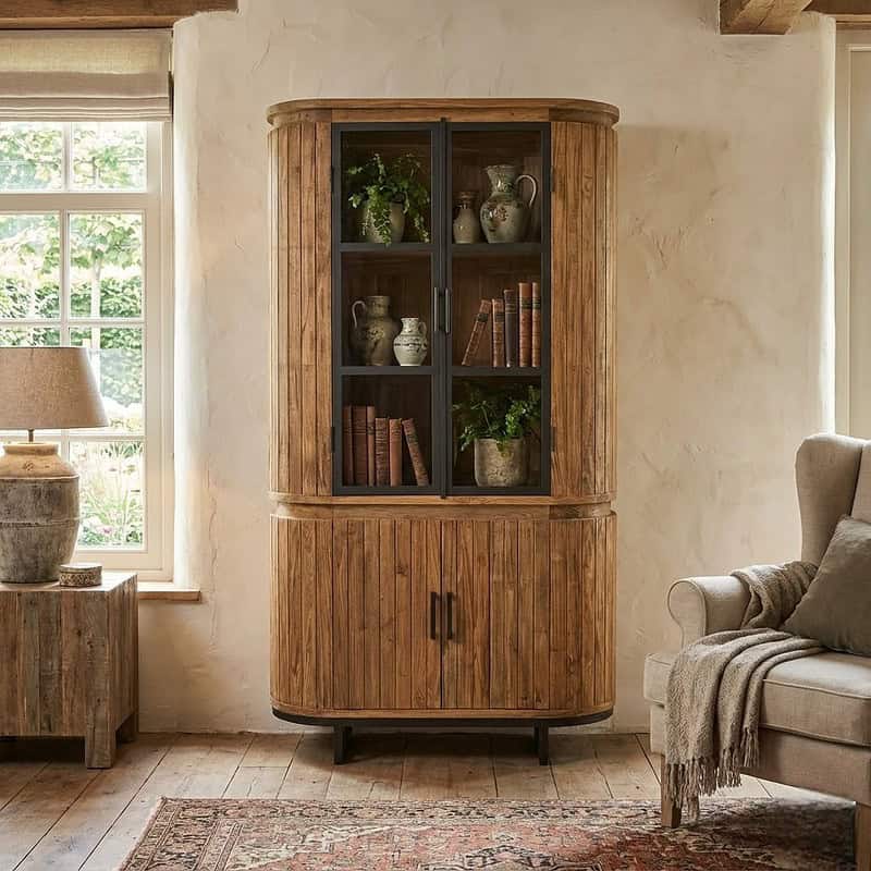 Elegante houten boekenkast met zwarte metalen details en glazen deuren, perfect voor een landelijke of vintage woonstijl.