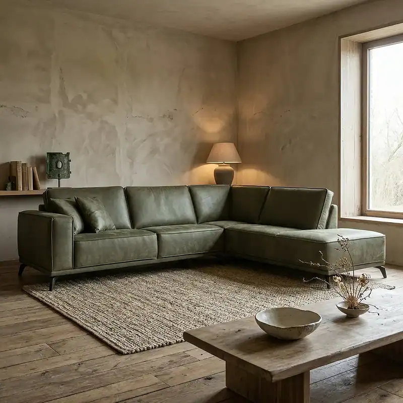 Das moderne, grüne Ecksofa Luna in einem minimalistischen Wohnzimmer mit natürlichem Lichteinfall und rustikalem Holzboden.