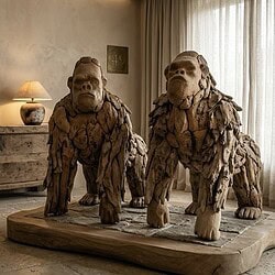 Handgemaakt houten gorilla beeldhouwwerk van teakhout, uniek en artistiek, perfect voor interieurdecoratie.