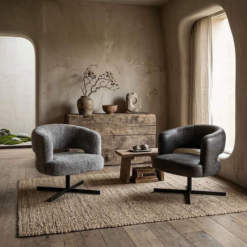 Sfeervolle woonkamer met Mokana meubels, inclusief comfortabele armstoelen en rustieke houten tafel, in een minimalistische en natuurlijke interieurstijl.