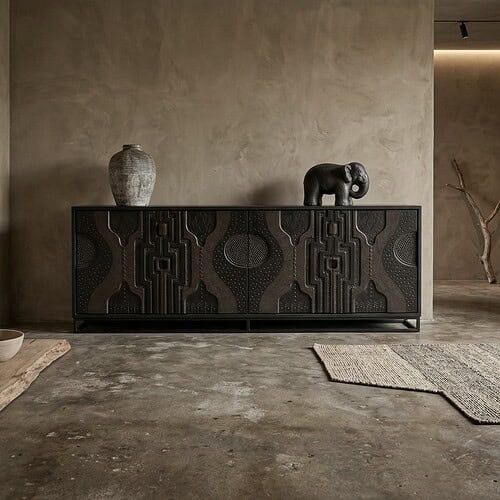 Hoogwaardig zwart dressoir met grafisch ontwerp, perfect voor moderne interieurs. Gemaakt van duurzame materialen, biedt ruime opbergruimte en een stijlvolle uitstraling.