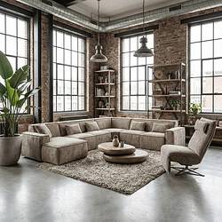 Lageres sofa van Mokana meubelen in een industriële woonkamer met grote ramen, brick wall en houten boekenkasten. Perfect voor een stijlvolle en comfortabele zithoek.