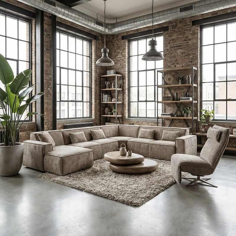 Lageres sofa van Mokana meubelen in een industriële woonkamer met grote ramen, brick wall en houten boekenkasten. Perfect voor een stijlvolle en comfortabele zithoek.