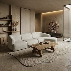 Luxe Natascha hoekbank in een moderne landelijke woonkamer met natuurlijke houten tafel en minimalistische decoratie.