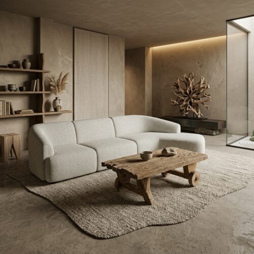 Luxe Natascha hoekbank in een moderne landelijke woonkamer met natuurlijke houten tafel en minimalistische decoratie.