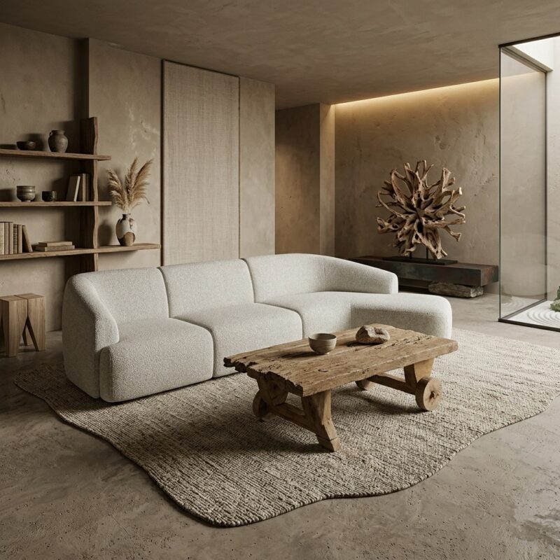 Luxe Natascha hoekbank in een moderne landelijke woonkamer met natuurlijke houten tafel en minimalistische decoratie.