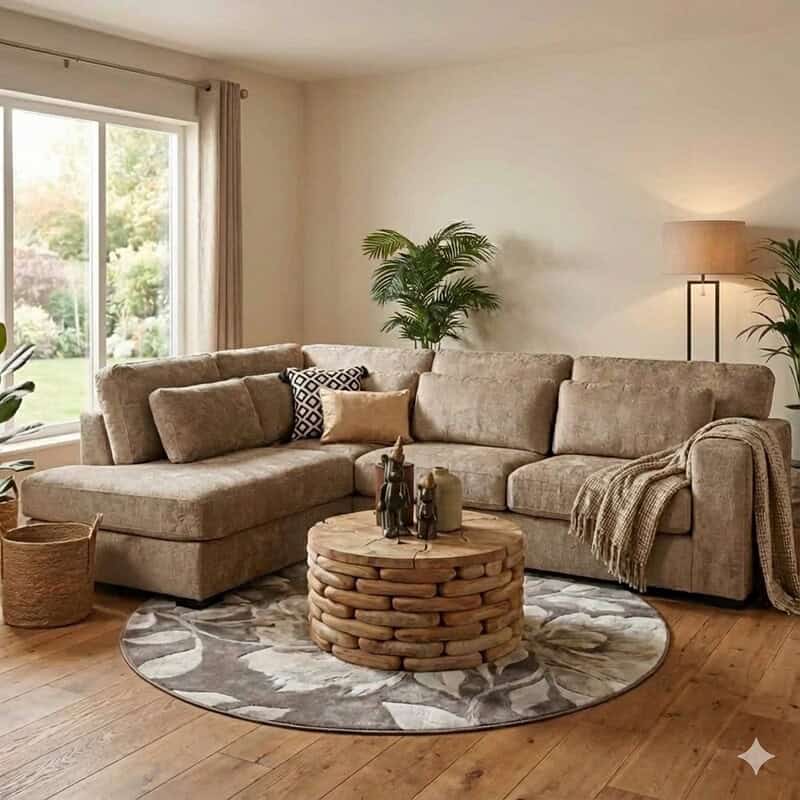 Grote L-vorm bank met beige bekleding en stijlvolle kussens in een gezellige woonkamer met houten vloer.