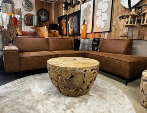 Hoogwaardige houten bijzettafel uit natuurlijke boomstam met rustieke uitstraling, ideaal voor modern en landelijk interieur.