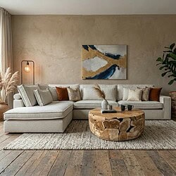 Luxe hoekbank Micky van Mokana in een moderne woonkamer met natuurlijke decoratie en warme kleuren.