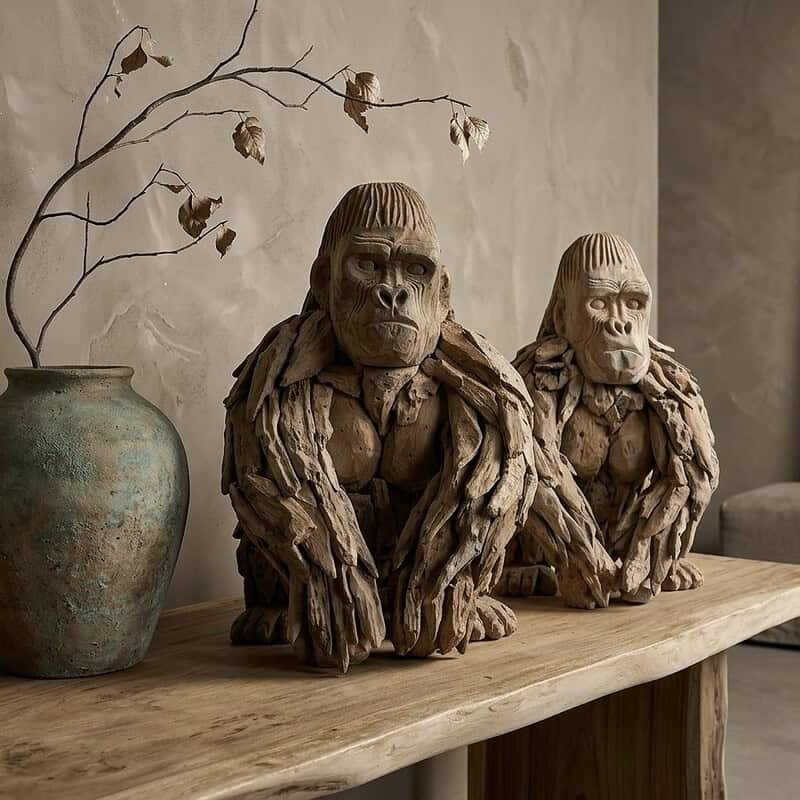 Zwei detailreiche Gorilla-Figuren aus Holz auf einem Holztisch – dekorativ und kunstvoll, perfekt für einen natürlichen Einrichtungsstil.