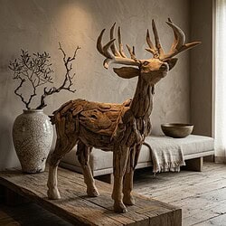 Kunsthert van teakhout met gedetailleerde takken en imposante gewei, perfect voor natuurlijke interieurdecoratie.