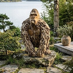 Grote houten gorilla beeld, handgemaakt van driftwood, geplaatst in een tuin met uitzicht op water en groen. Perfect voor tuindecoratie en natuurlijke kunst.