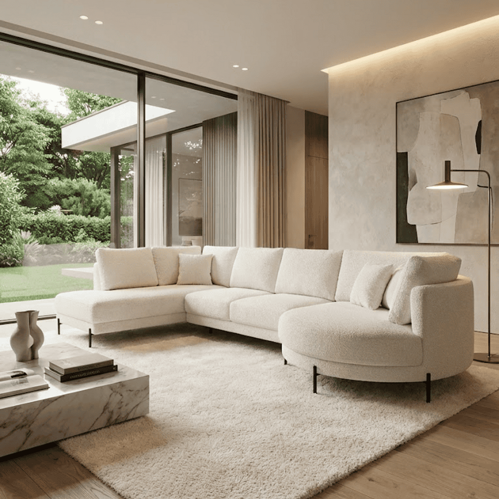 Comfortabele moderne hoekbank in een lichte stof, perfect voor een stijlvolle woonkamer met grote raampartijen en uitzicht op de tuin.