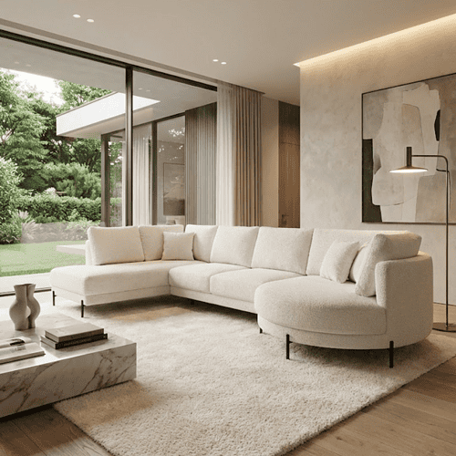 Comfortabele moderne hoekbank in een lichte stof, perfect voor een stijlvolle woonkamer met grote raampartijen en uitzicht op de tuin.