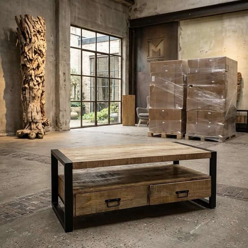 Moderner Couchtisch aus Holz mit 4 Schubladen und einem schwarzen Metallgestell im Industrial-Stil – perfekt für ein stilvolles Wohnzimmer. Aus Massivholz gefertigt, für Langlebigkeit und Eleganz.