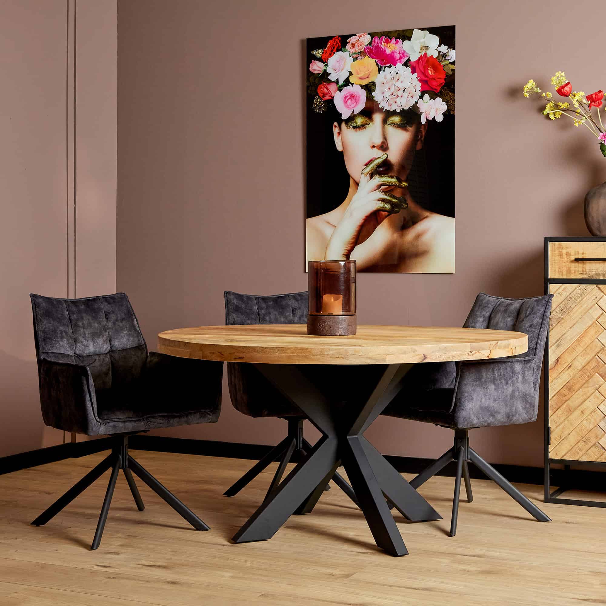 Eettafel Denver Rond van Starfurn in mangohout naturel met 6cm opgedikt blad en zwart stalen poten