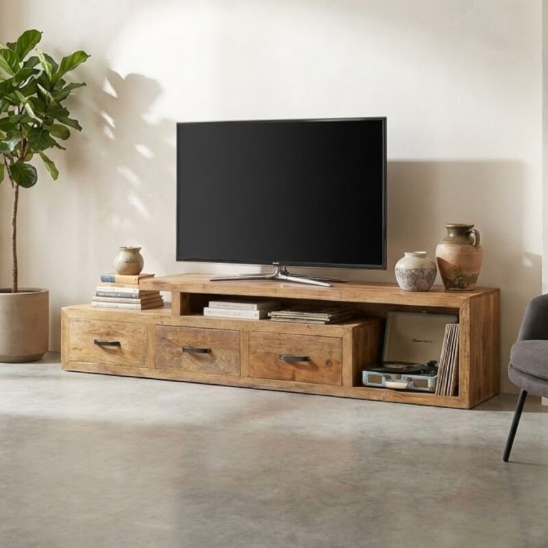 Tv meubel gemaakt van teakhout groot 3 lades met 1 open vak