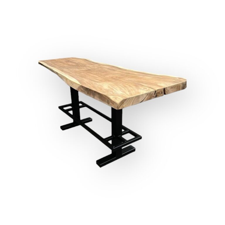 Bartafel Suarhout boomstamvorm met zware unieke metalen barpoot onderstel.