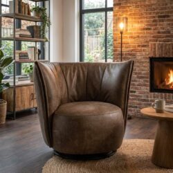 Zitform Fauteuil Bern in bruine lederlook met verticaal stiksel en zwart metalen onderstel.