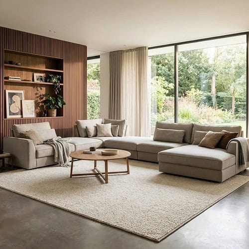 Lichte landelijke bank in woonkamer met modern houten wandmeubel en grote raam met uitzicht op tuin, stijlvolle en comfortabele meubelstukken van Mokana Meubelen.