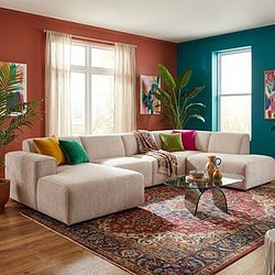 Comfortabele, moderne hoekbank in een kleurrijk, interieur met stijlvolle kunst en groen planten, perfect voor een gezellige woonkamer.