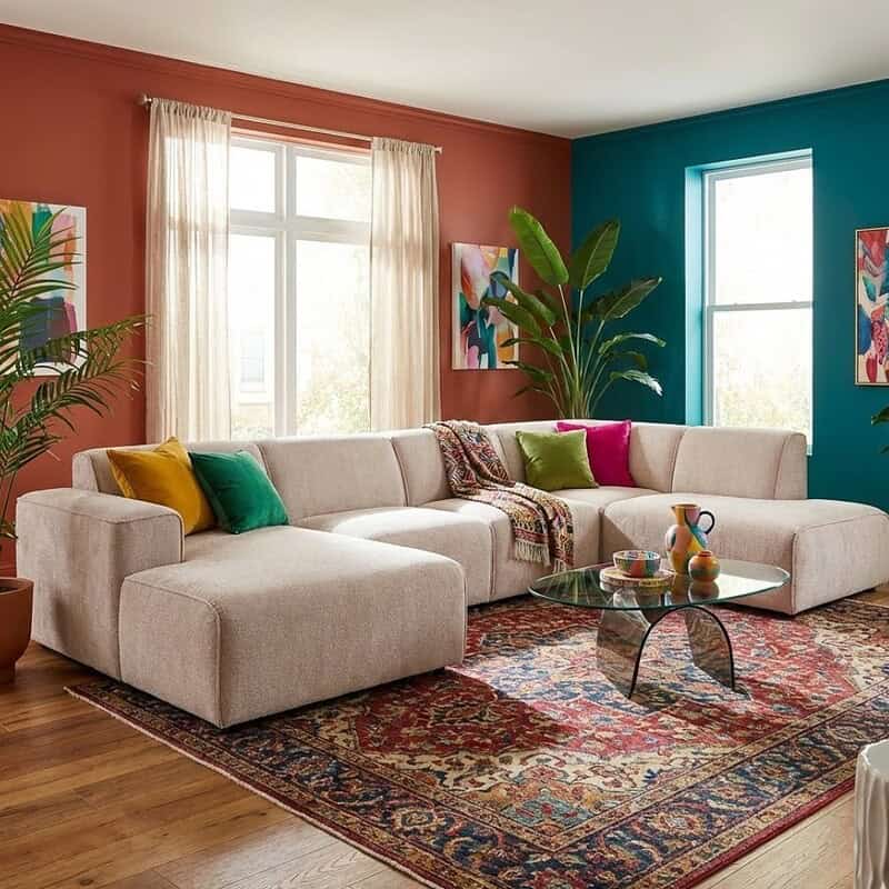 Comfortabele, moderne hoekbank in een kleurrijk, interieur met stijlvolle kunst en groen planten, perfect voor een gezellige woonkamer.