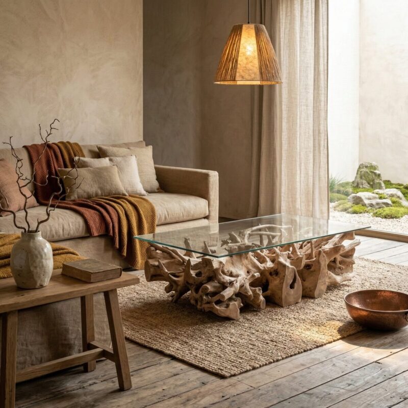 Salontafel Amazones wortelteak en met glasplaat