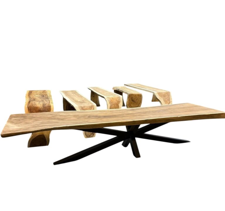 Boomstamtafel massief suarhout 4 meter lang met spinvoet op 300cm, grote voorraad boomstamtafels bij Mokana Enschede