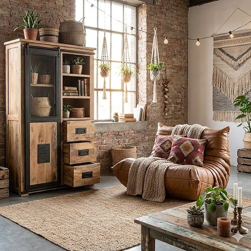 1. Massief houten meubelen van Mokana in een industrieel interieur met planten en decoratie, perfect voor een warme, stijlvolle woonkamer.