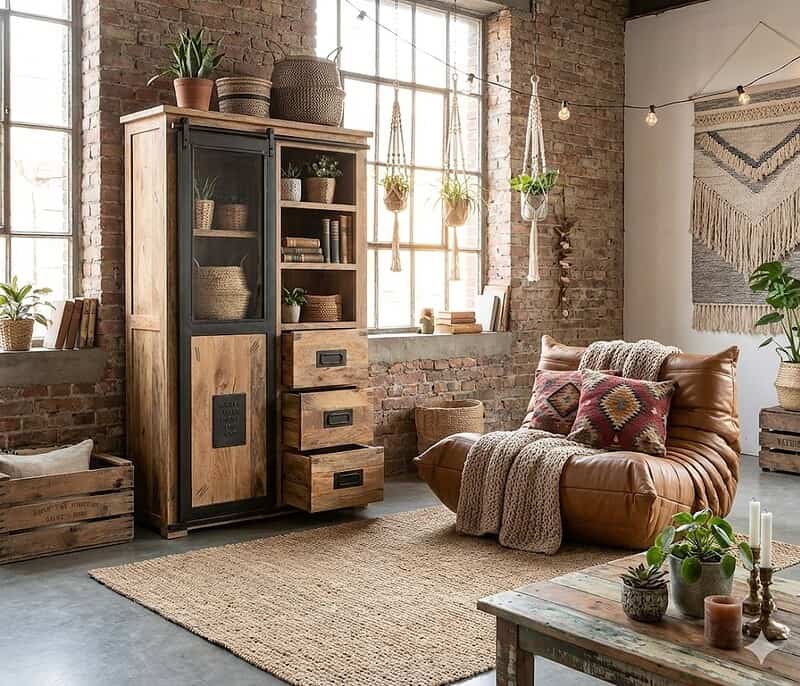 1. Massief houten meubelen van Mokana in een industrieel interieur met planten en decoratie, perfect voor een warme, stijlvolle woonkamer.