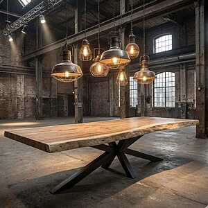 Massief houten eettafel met rustieke uitstraling, industrieel interieur met vintage hanglampen, perfect voor moderne en landelijke woonstijlen. Mokana Meubelen biedt duurzame en unieke meubels voor elke ruimte.