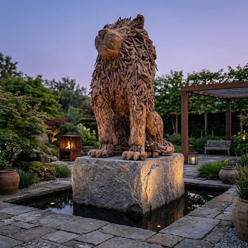 Antieke houten leeuw sculptuur in teakhout, perfect voor tuin of interieur decoratie. Gemaakt van duurzaam teakhout, een indrukwekkend kunstwerk dat kracht en elegantie uitstraalt.