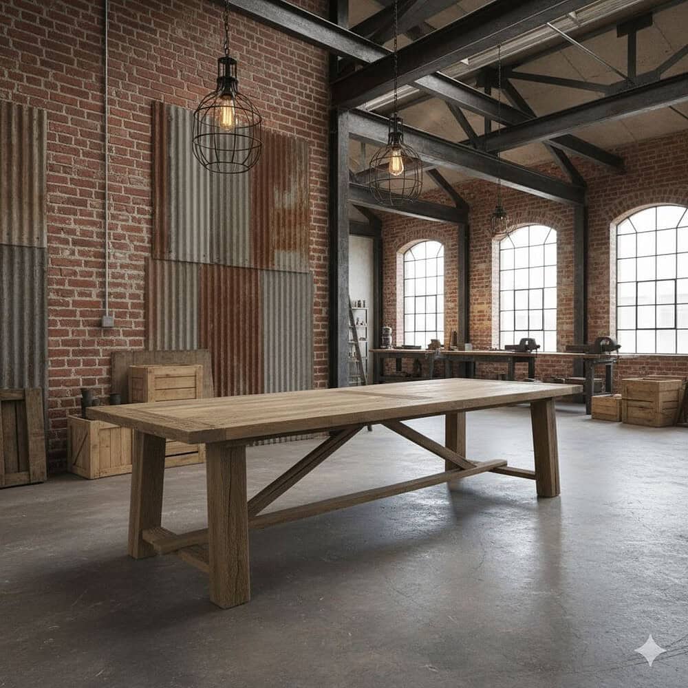 Robuuste eettafel van massief hout in een industriële, binnenruimte met bakstenen muren en groot raam. Perfect voor een stijlvolle en functionele eet- of werkruimte. Mokana Meubelen op maat gemaakt.