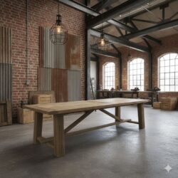 Robuuste eettafel van massief hout in een industriële, binnenruimte met bakstenen muren en groot raam. Perfect voor een stijlvolle en functionele eet- of werkruimte. Mokana Meubelen op maat gemaakt.
