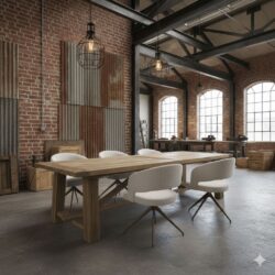Houten eettafel in industrieel interieur met innovatief design en rustieke charme, perfect voor een moderne eetkamer of vergaderruimte.