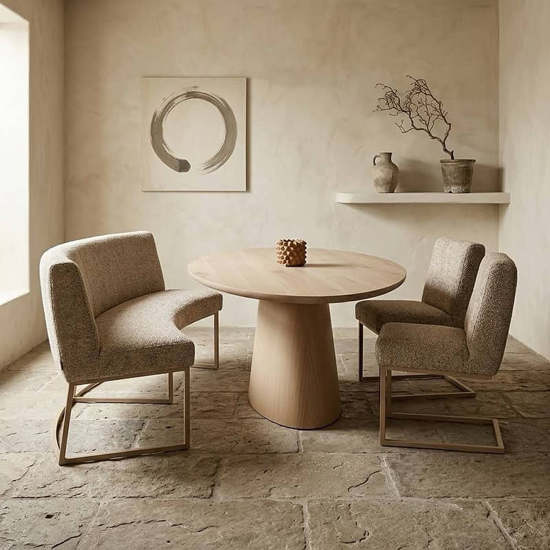 Moderne ovaalvormige eetkamerbank Zara met zachte bekleding en metalen poten, perfect voor een stijlvolle en comfortabele eetkamer.