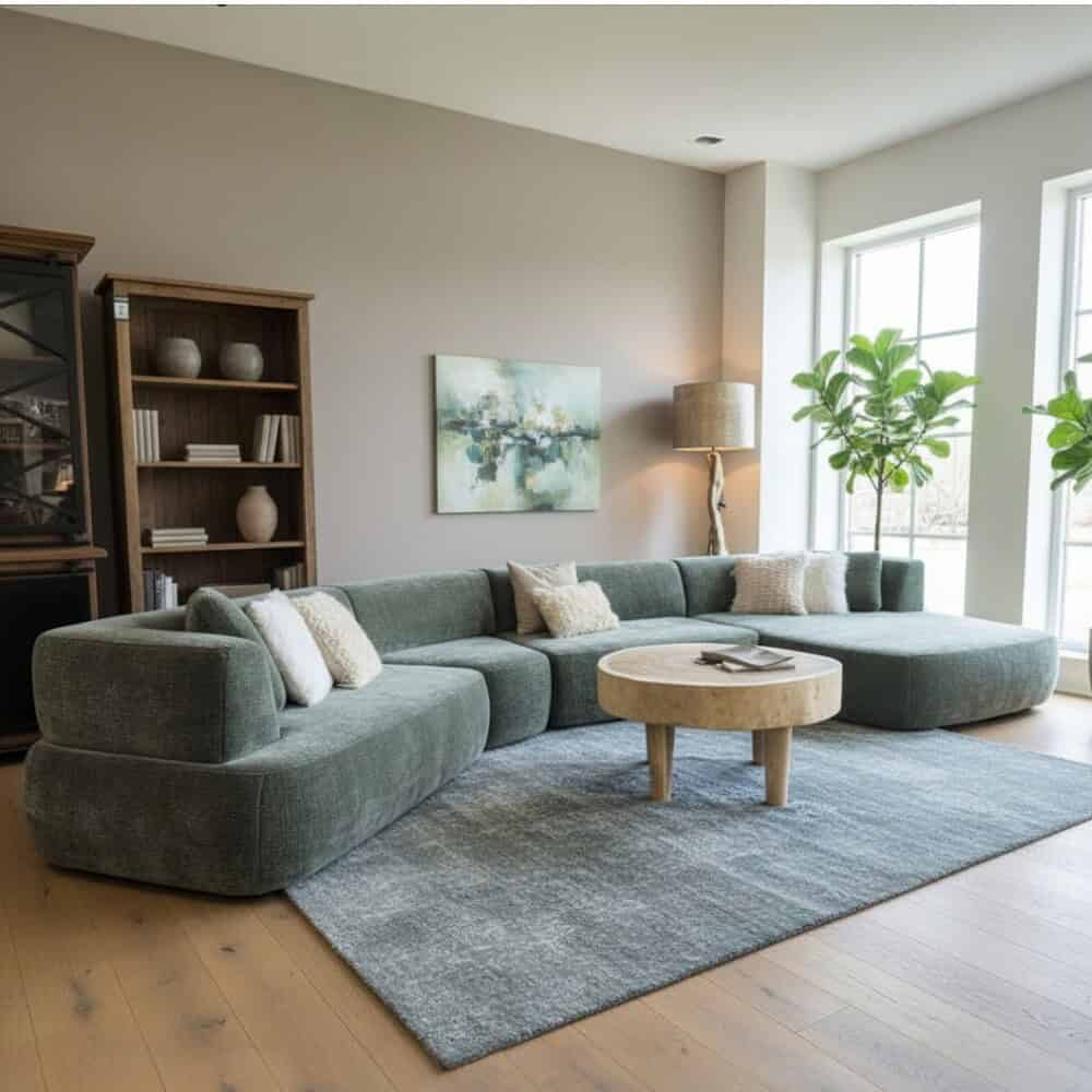 Luxe groene bank in modern woonkamer met natuurlijke houten salontafel, grote ramen en lichte interieurdecoratie, perfect voor stijlvolle en comfortabele woonkamerinrichting.