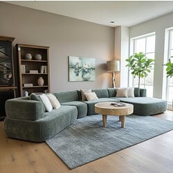 Luxe groene bank in modern woonkamer met natuurlijke houten salontafel, grote ramen en lichte interieurdecoratie, perfect voor stijlvolle en comfortabele woonkamerinrichting.
