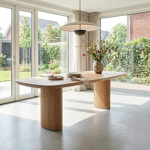 Houten eettafel met moderne ontwerp en natuurlijke afwerking, geschikt voor een stijlvol interieur en landelijk wonen, perfect voor gezellige diners en bijeenkomsten.
