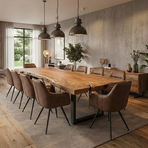 Suarhout boomstamtafel met bijpassende eetkamerstoelen Raaf